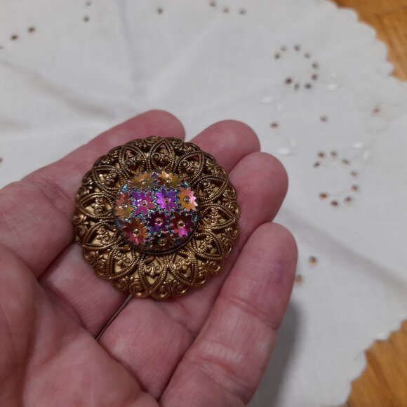Vintage Fancy Scarf Clip Iridescent Floral Filigree West Germany - Picture 2 of 12